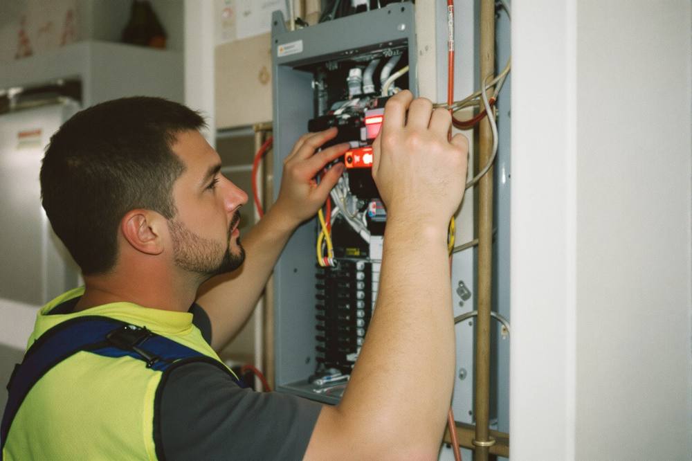 Licensed electrician working on a residential electrical panel in a Lenexa, Kansas home (independent contractor, not KC Volts staff)