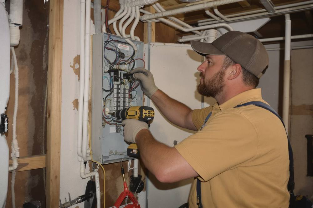 Licensed electrician installing a new service panel in an Independence, MO home