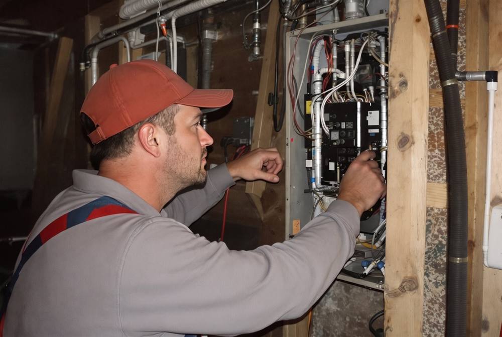 Licensed electrician inspecting a wind-damaged service mast on a Kansas City home